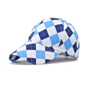 Detail view of cotton baseball cap with blue and white argyle diamond pattern and curved brim - Adjustable / Blue