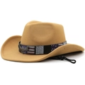 Khaki western cowboy wool felt hat featuring eagle buckle and American flag ribbon - M(56-58CM) Adjustable / Camel