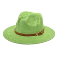 Detail of green straw fedora hat featuring a brown leather band and gold buckle close-up - Fruit Green