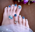 Unghie finte per piedi blu e argento con strass lussuosi e decorazioni di gioielli - Stile Intarsiato con Strass Blu Argento (FW75) / Colla Gel Nera + Lima Per Unghie