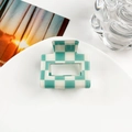 Detail of 5cm checkerboard square hair claw clip in mint green and cream white acetate - 5cm Square Block / Blue & White Checkerboard
