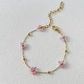 Elegante bracciale placcato oro 18K con fiori di perline colorate e catena regolabile - Bracciale da 17+4cm Rosa