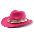 Detail of pink faux suede cowboy hat with layered decorative bands and star badge - M (56-58cm) / Rose Red