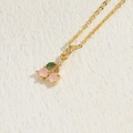 Roze kers hanger ketting met 14K goudlaag en groen zirkoon blad voor vrouwen - Roze kers