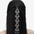 Close-up of vintage silver head chain with teardrop pendants on long black hair - Black Gemstone Silver Base Style (024072902)