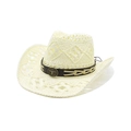 Dettaglio di cappello di paglia western con fascia in pelle e fibbia metallica a testa di toro - M（56-58cm） / Bianco Crema