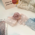 Pink and light blue handmade lace ribbon bow hair clips with satin rose flowers - Pink Lace Bow Rose Hair Accessory / Pink