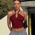 Detail of wine red halter top with metal ring buckle and ribbed knit texture - S / Burgundy