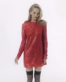 Dettaglio mini abito rosso con paillettes con ricami luccicanti e maniche lunghe eleganti - XS / Rosso