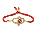 Red braided rope bracelet with golden Hamsa Hand and Evil Eye charms on white background - Red Woven Rope Style