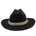 Close-up of black wool felt jazz hat featuring silver studs and rhinestone band details - M (56-58cm) / Black
