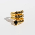 Three-layer gold textured snake ring with black teardrop zircon stone on white background - Adjustable Open / Black