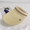 Close-up of beige straw sun visor featuring a striped elastic band and gold metal M logo - Adult Size (56-58cm) / Beige M Tag Visor