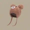 Brown knitted baby earflap hat with twin pom-poms and cute bear embroidery detail - Chenille Bear Hat Khaki (for Ages 1-4)