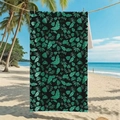 Double-sided microfiber beach towel with emerald tropical leaf pattern on black background - B102-Tropical Jungle Monstera