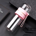 Portable double-wall borosilicate glass tea infuser bottle with pink silicone accent strap - Pink 350ml