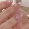 Short square jelly nails with silver glitter, star sequins and rhinestones decor - By1084#starrymooncherryblossom / Glue Type