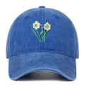 Close-up of narcissus flower embroidery on washed cotton vintage baseball cap - Dark Blue