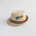 Beige kids straw fedora hat with cartoon bull patch and striped ribbon band - 52cm (2-7 Years) / Beige