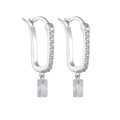 Detailed close-up of U-shaped silver earrings with sparkling rectangular zircon pendants - Silver