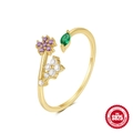 Golden S925 silver open ring featuring a purple flower and green marquise gemstone - Purple White Flower Cluster Green Leaf Style / Gold