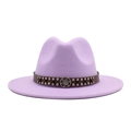 Detail of lavender felt fedora hat featuring brown leather band and silver rivets - Taro Purple