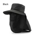 Women's black sun protection hat with wide brim and removable neck face mask cover - Black