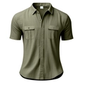 Detail of olive green short sleeve linen shirt featuring button pockets and fabric texture - S / Army Green