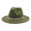 Close-up of olive green wool fedora hat featuring a sparkling rhinestone band and M-logo - M (56-58cm) / Army Green