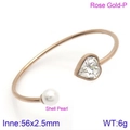Rose gold open bangle featuring a heart-shaped crystal and shell pearl decoration - Rose Gold Style with Milky White Heart & Pearl (KB123114-K)