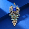 Elegant peacock brooch in gold metal with blue gradient crystals and water-drop gem - Blue Gemstone Gradient Peacock Style (XD824287-2)