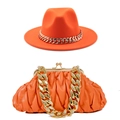British style orange felt wide brim jazz hat and matching ruched cloud bag set with gold chains - M(56-58cm) / Orange Set