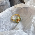 Vintage gold ring with olive green resin inlay and a central pearl accent - Olive Green Relief Art Ring(NL00739R)