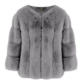 Close-up of gray faux fur jacket showing high-quality plush texture and collarless design - Gray