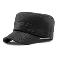 Men's winter faux leather flat top military cap with ear protection in classic black - Adjustable / Floral Pattern PU Leather Black