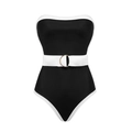 Minimalist black and white contrast one-piece swimsuit with belt and gold buckle - S / Black