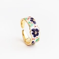 Detalle de anillo ajustable con flor de esmalte morado y centro de circón brillante - Abierto Ajustable / Púrpura (Blanco Azul)