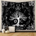 Detailed macro view of black and white tree of life tapestry hanging on a plain wall - Gt1101-4