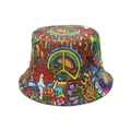 Psychedelic double-sided bucket hat with vibrant flower power print and peace motifs - M(56-58cm) / Colorful Flower Mushroom Peace Sign (B)