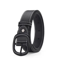 Women's black leather fashion belt with white stitching and oval buckle detail - Gun Black Buckle Black