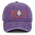 Purple washed cotton baseball cap with ghost embroidery and Spooky Season text - Adjustable / Purple
