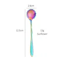 Sunflower shaped stainless steel dessert spoon with colorful rainbow finish, 12.5cm size - Iridescent Sunflower