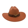 Ethnic style tan felt cowboy hat featuring a leather band with metal bull skull detail - Khaki