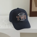 Detailed close-up of navy cotton baseball cap with retro TWO letter embroidery - 52-54cm (Recommended 3-8 Years) / Navy Blue