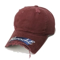 Detailed close-up of distressed brim and blue Blanche embroidery on burgundy baseball cap - M (56-58cm) / Burgundy
