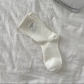 Creamy white cotton socks with bubble lace trim and silver bow embroidery detail - Milky White