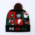 Bonnet de Noël noir tricoté avec des lumières LED colorées et des motifs festifs - Ensemble Écharpe Tête de Père Noël à Carreaux