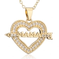 Golden MAMA heart pendant necklace with clear crystals and a polished mirror reflection - Transparent Diamond Arrow MAMA Style (21796)