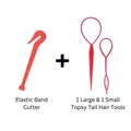 Red 3-piece hair styling set including 2 topsy tail tools and 1 elastic band cutter - Pull Hair Needle + Elastic Cutter / Red