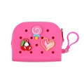 Pink silicone mini coin purse with cartoon charms and a zipper closure for small items - Lollipop/Cherry/HAPPY Heart / Pink